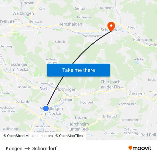Köngen to Schorndorf map