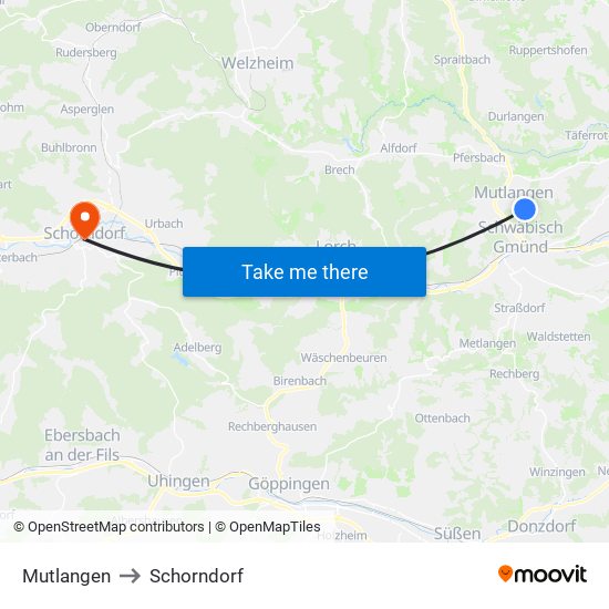 Mutlangen to Schorndorf map