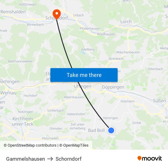 Gammelshausen to Schorndorf map