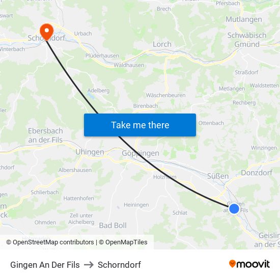 Gingen An Der Fils to Schorndorf map