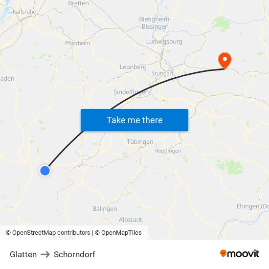 Glatten to Schorndorf map