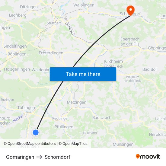 Gomaringen to Schorndorf map