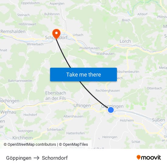 Göppingen to Schorndorf map