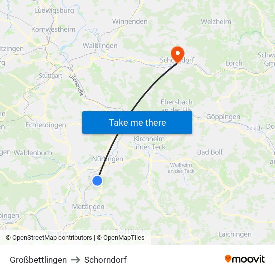 Großbettlingen to Schorndorf map