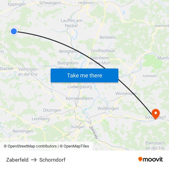 Zaberfeld to Schorndorf map