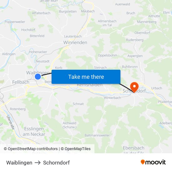 Waiblingen to Schorndorf map