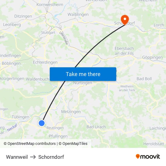 Wannweil to Schorndorf map