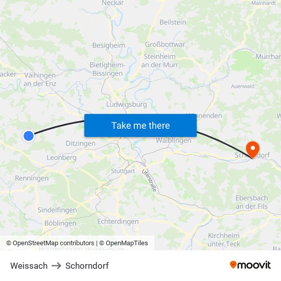 Weissach to Schorndorf map