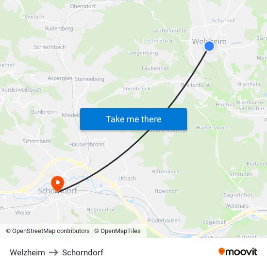 Welzheim to Schorndorf map