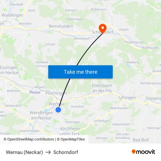 Wernau (Neckar) to Schorndorf map