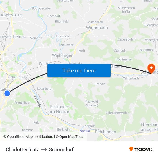 Charlottenplatz to Schorndorf map