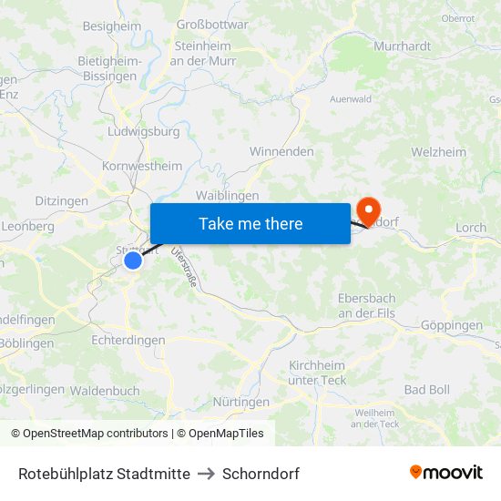 Rotebühlplatz Stadtmitte to Schorndorf map