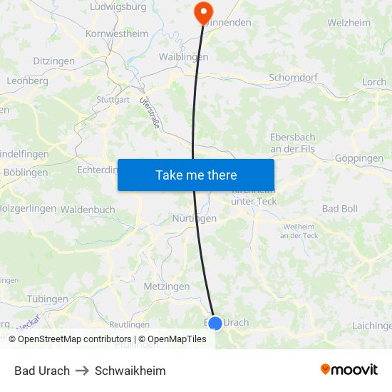 Bad Urach to Schwaikheim map