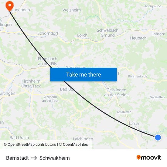 Bernstadt to Schwaikheim map