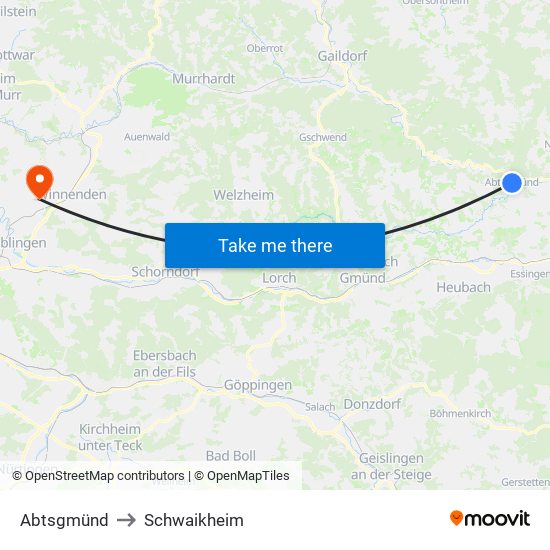 Abtsgmünd to Schwaikheim map