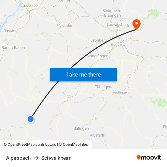 Alpirsbach to Schwaikheim map