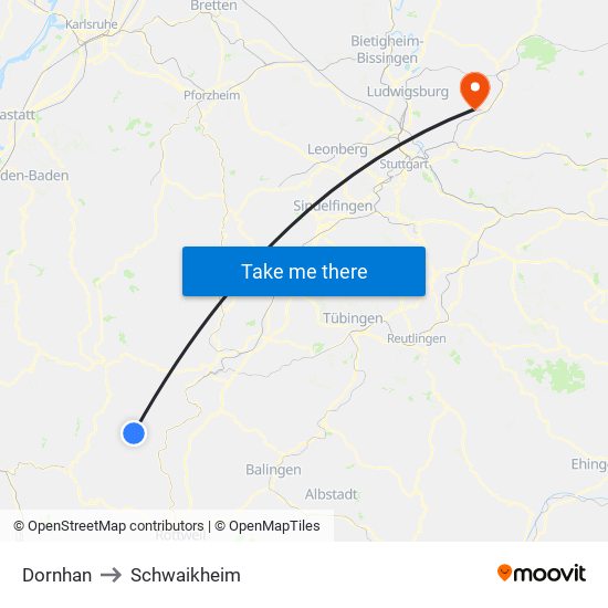 Dornhan to Schwaikheim map