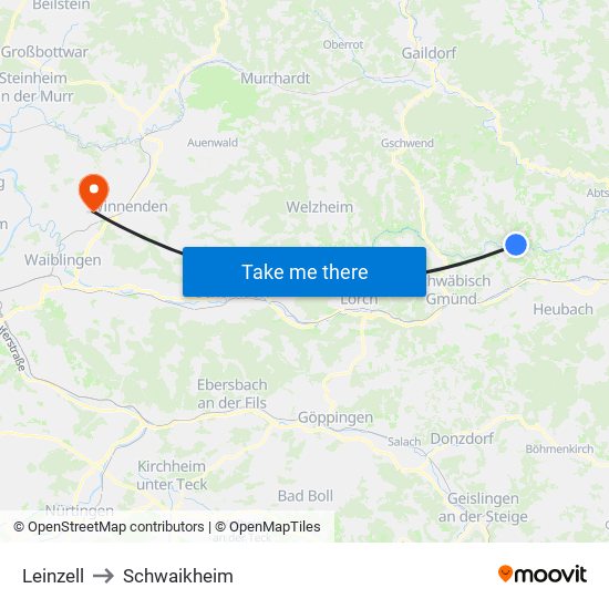 Leinzell to Schwaikheim map