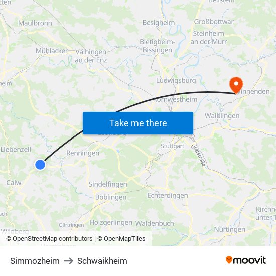 Simmozheim to Schwaikheim map