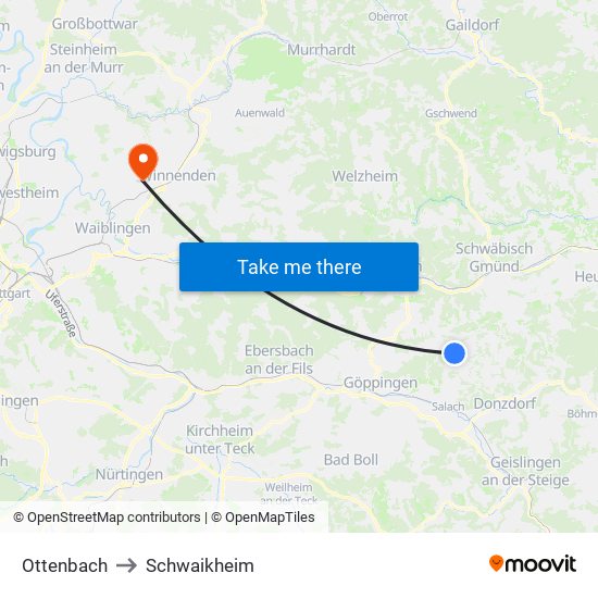 Ottenbach to Schwaikheim map