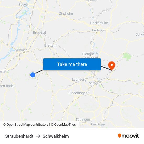 Straubenhardt to Schwaikheim map