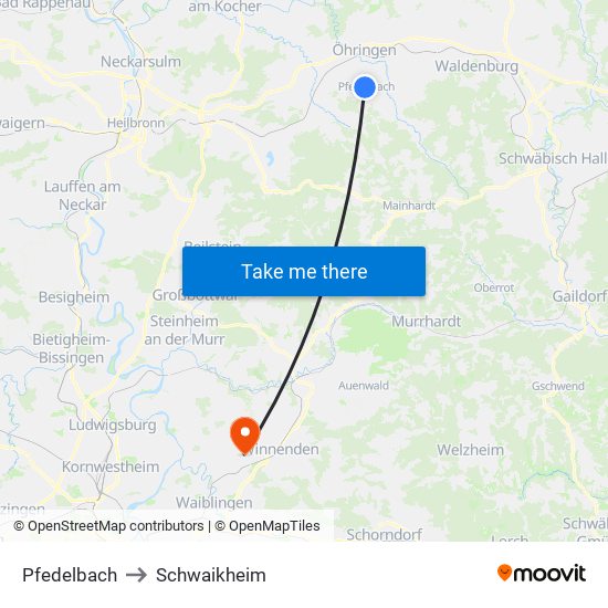 Pfedelbach to Schwaikheim map