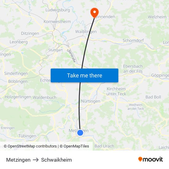 Metzingen to Schwaikheim map