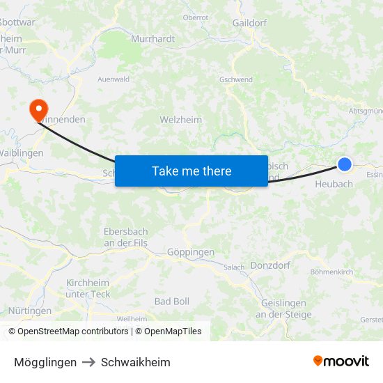 Mögglingen to Schwaikheim map