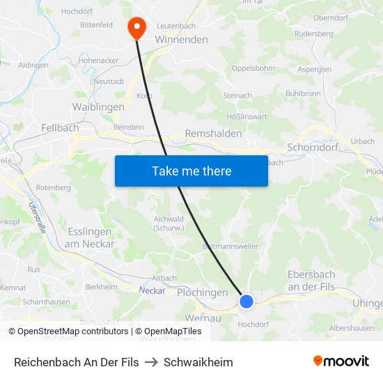 Reichenbach An Der Fils to Schwaikheim map