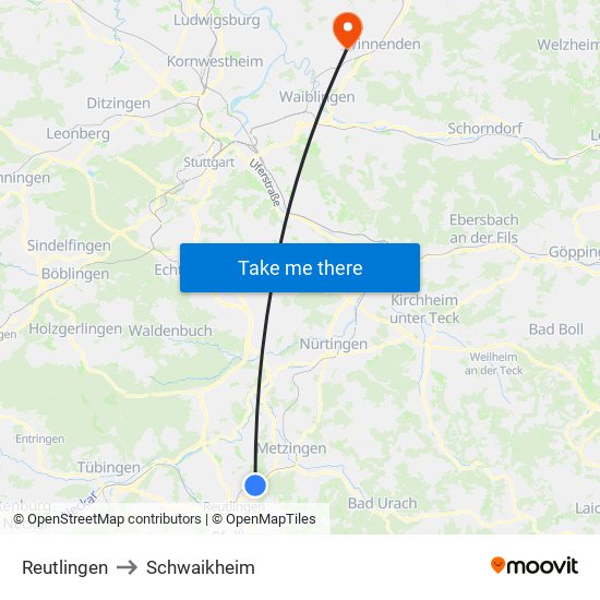 Reutlingen to Schwaikheim map