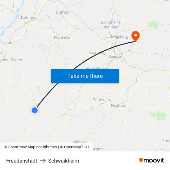 Freudenstadt to Schwaikheim map