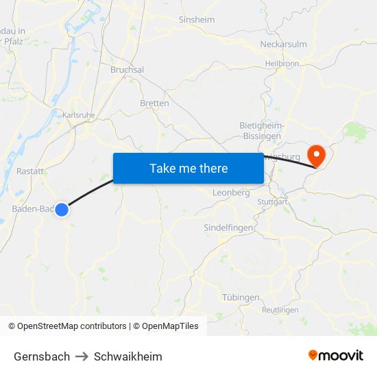 Gernsbach to Schwaikheim map