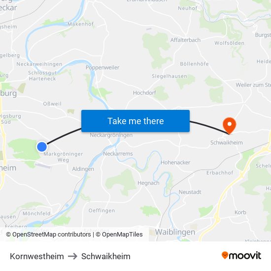 Kornwestheim to Schwaikheim map