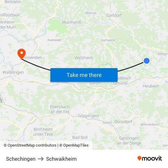 Schechingen to Schwaikheim map