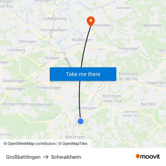 Großbettlingen to Schwaikheim map