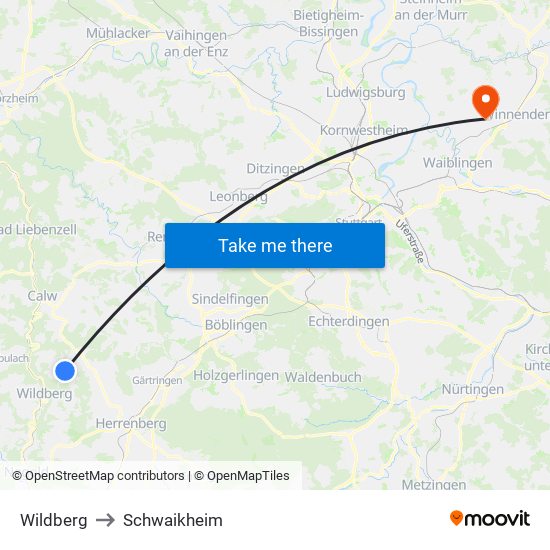 Wildberg to Schwaikheim map