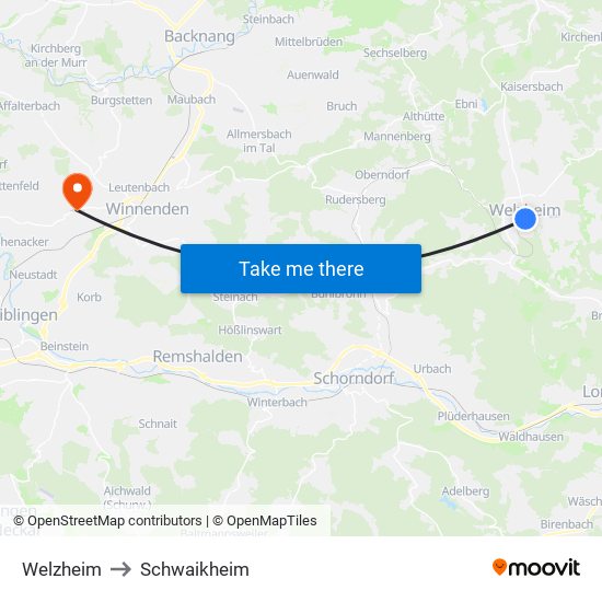 Welzheim to Schwaikheim map