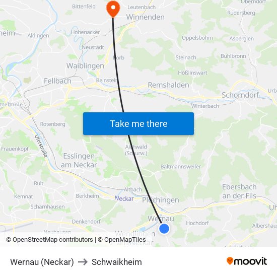 Wernau (Neckar) to Schwaikheim map