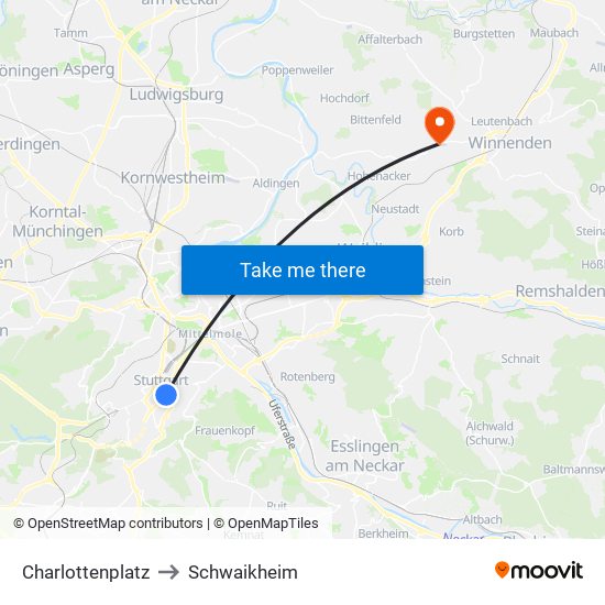 Charlottenplatz to Schwaikheim map