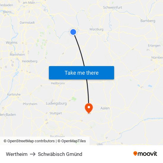 Wertheim to Schwäbisch Gmünd map