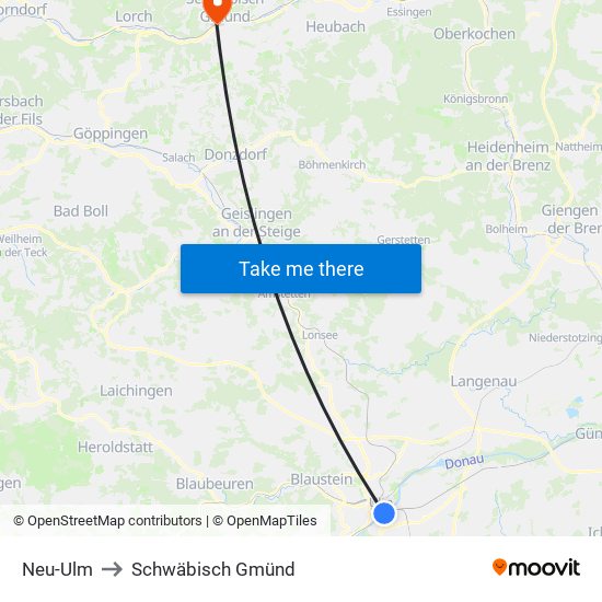 Neu-Ulm to Schwäbisch Gmünd map