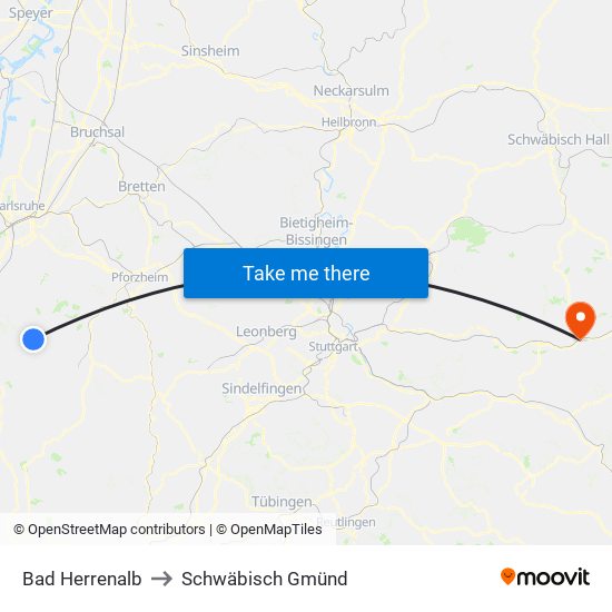 Bad Herrenalb to Schwäbisch Gmünd map