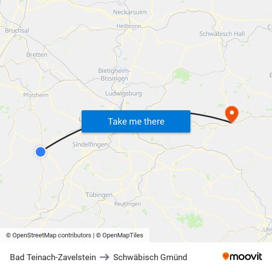 Bad Teinach-Zavelstein to Schwäbisch Gmünd map