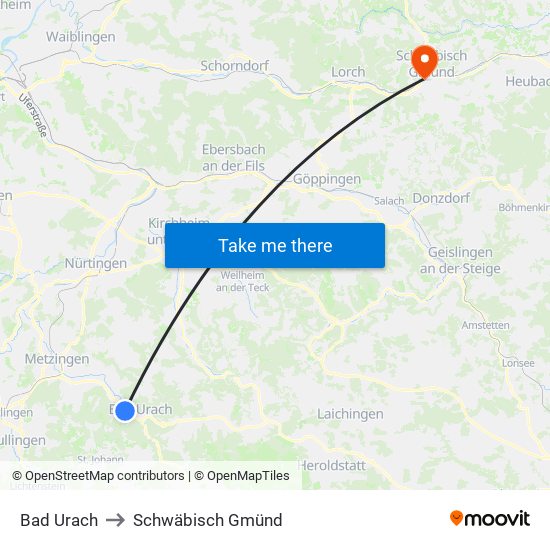 Bad Urach to Schwäbisch Gmünd map