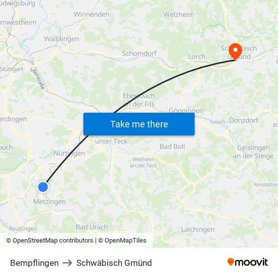 Bempflingen to Schwäbisch Gmünd map