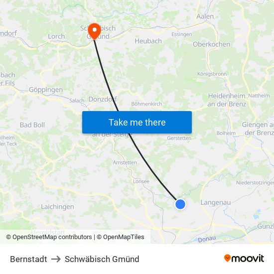 Bernstadt to Schwäbisch Gmünd map