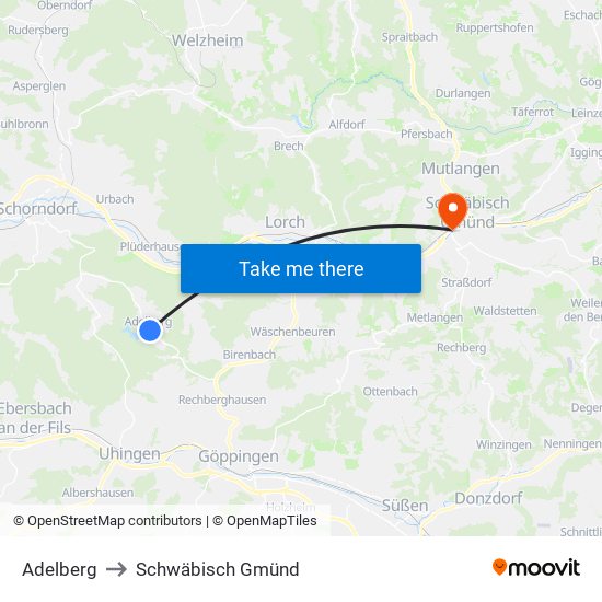 Adelberg to Schwäbisch Gmünd map