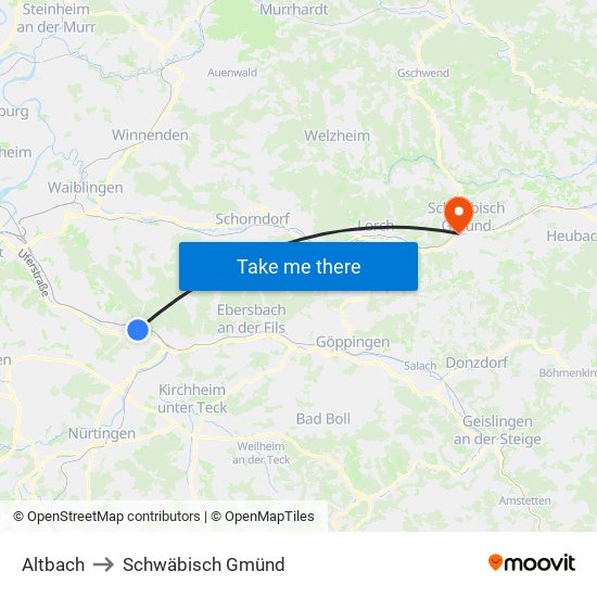 Altbach to Schwäbisch Gmünd map