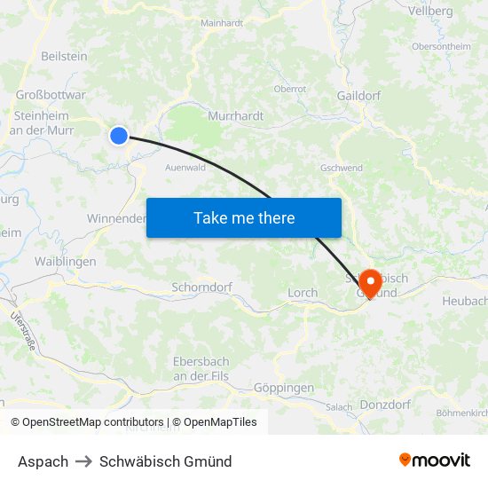 Aspach to Schwäbisch Gmünd map