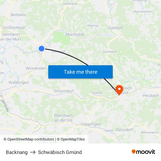 Backnang to Schwäbisch Gmünd map